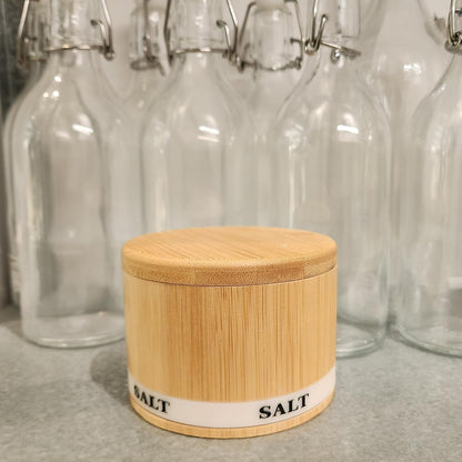 Bamboo Wood Salt Cellar with Magnetic Swivel Lid and Engraved Label | 8oz Kitchen Container for Sea Salt, Pepper, and Spices with Built-In Spoon