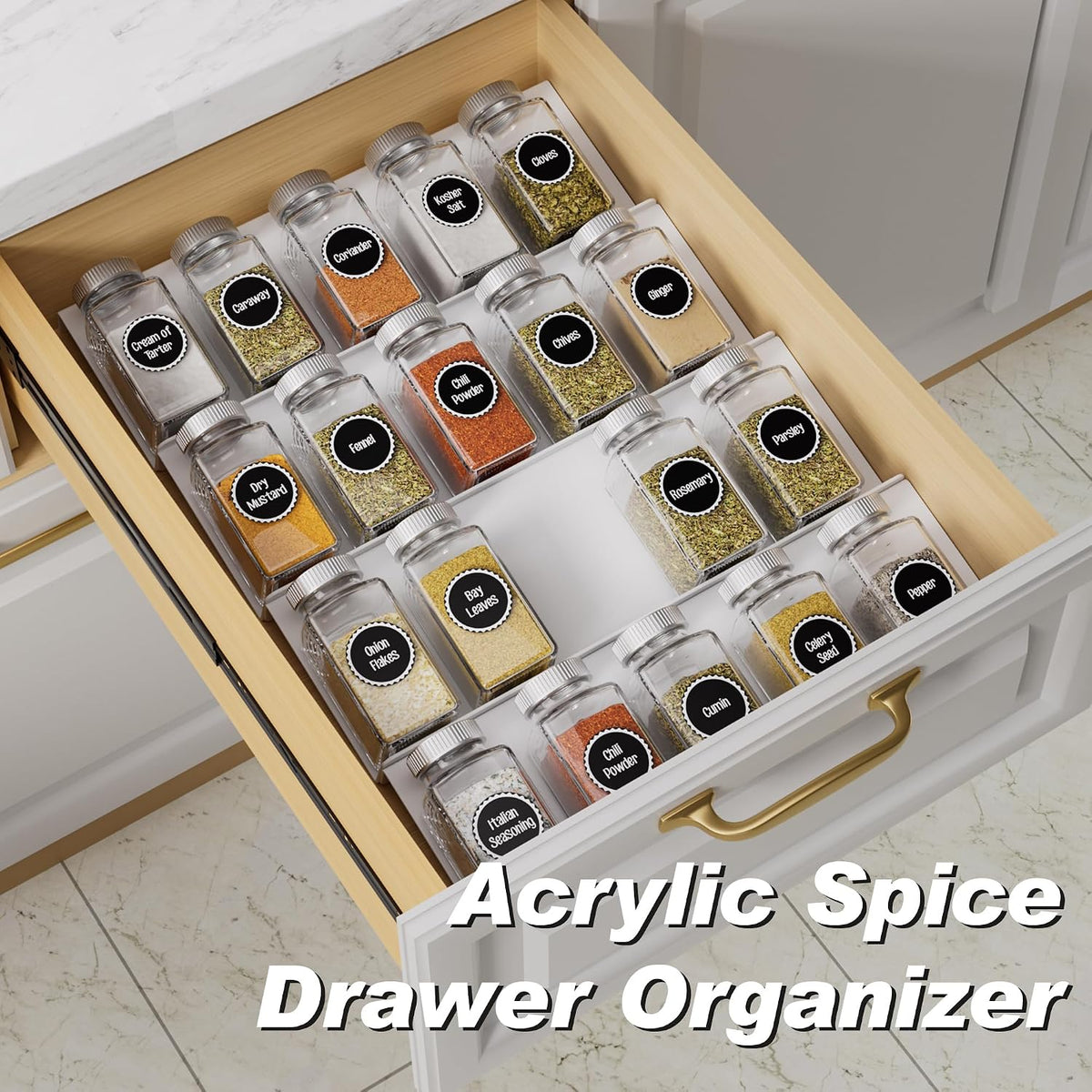 White Acrylic 4-Tier Spice Drawer Organizer for Kitchen Use, Suitable for Drawer or Countertop (Jars Not Included)