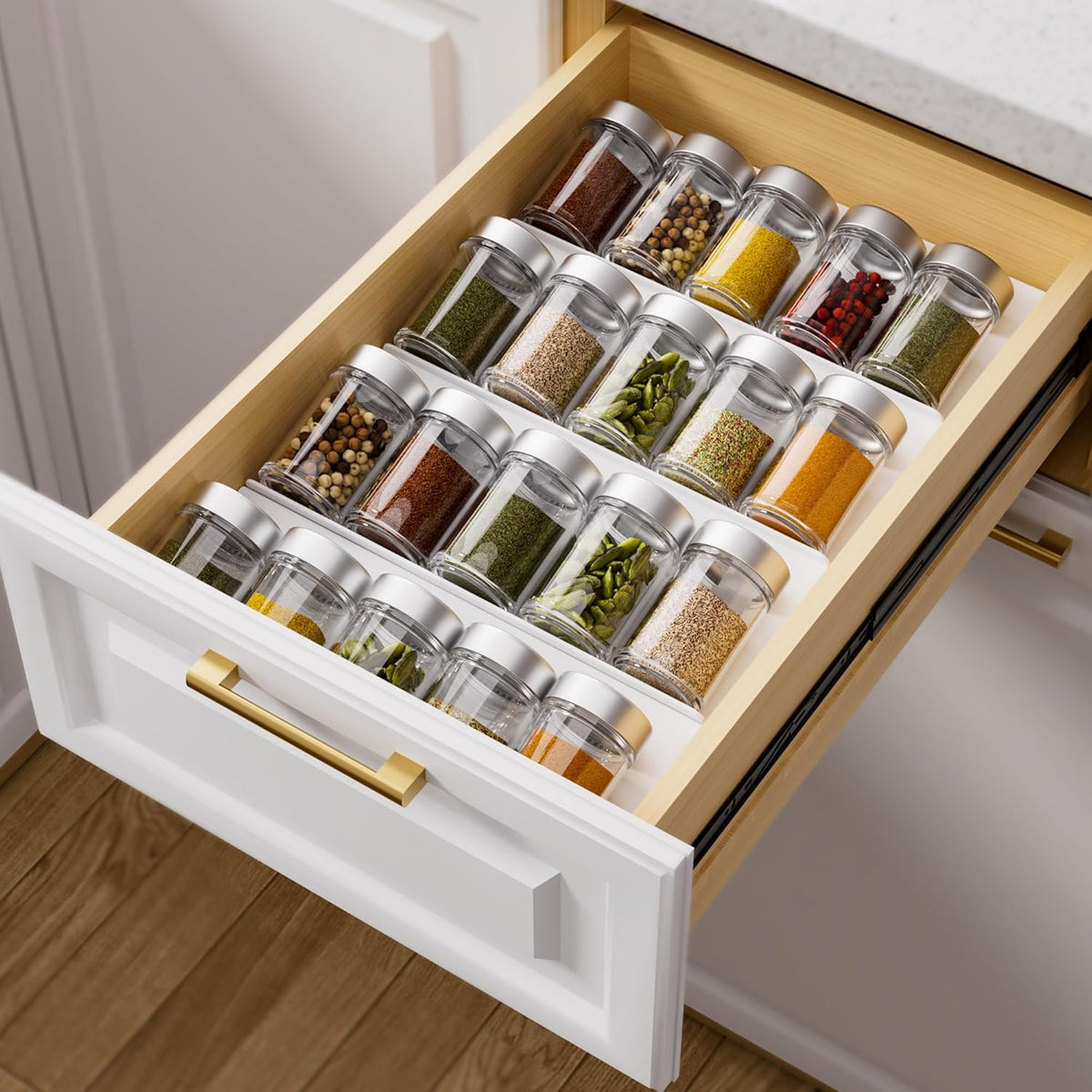 White Acrylic 4-Tier Spice Drawer Organizer for Kitchen Use, Suitable for Drawer or Countertop (Jars Not Included)
