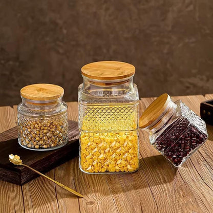 3-Piece Vintage Embossed Glass Canister Set with Bamboo Lids - 60 Oz, 40 Oz, and 20 Oz for Kitchen and Pantry Organization