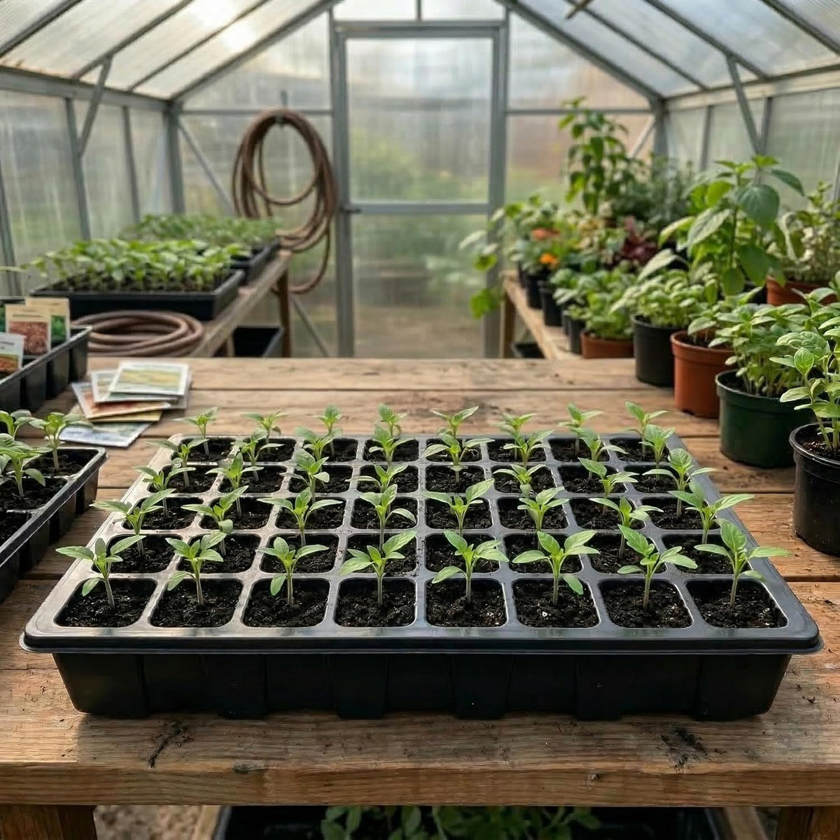 5-Piece Seed Starter Tray Kit with Humidity-Controlled Vented Domes and Bases for Indoor Gardening, Greenhouse Applications, and Seed Germination (200 Cells Total)