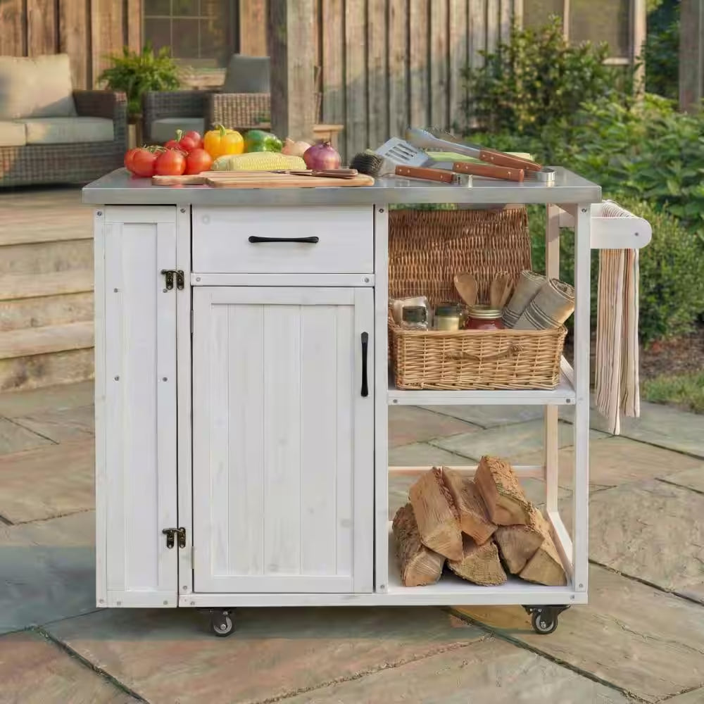 40.5-Inch Outdoor Kitchen Island Prep Station with Lockable Grill Cart, Stainless Steel Surface, and Storage Racks in White Finish