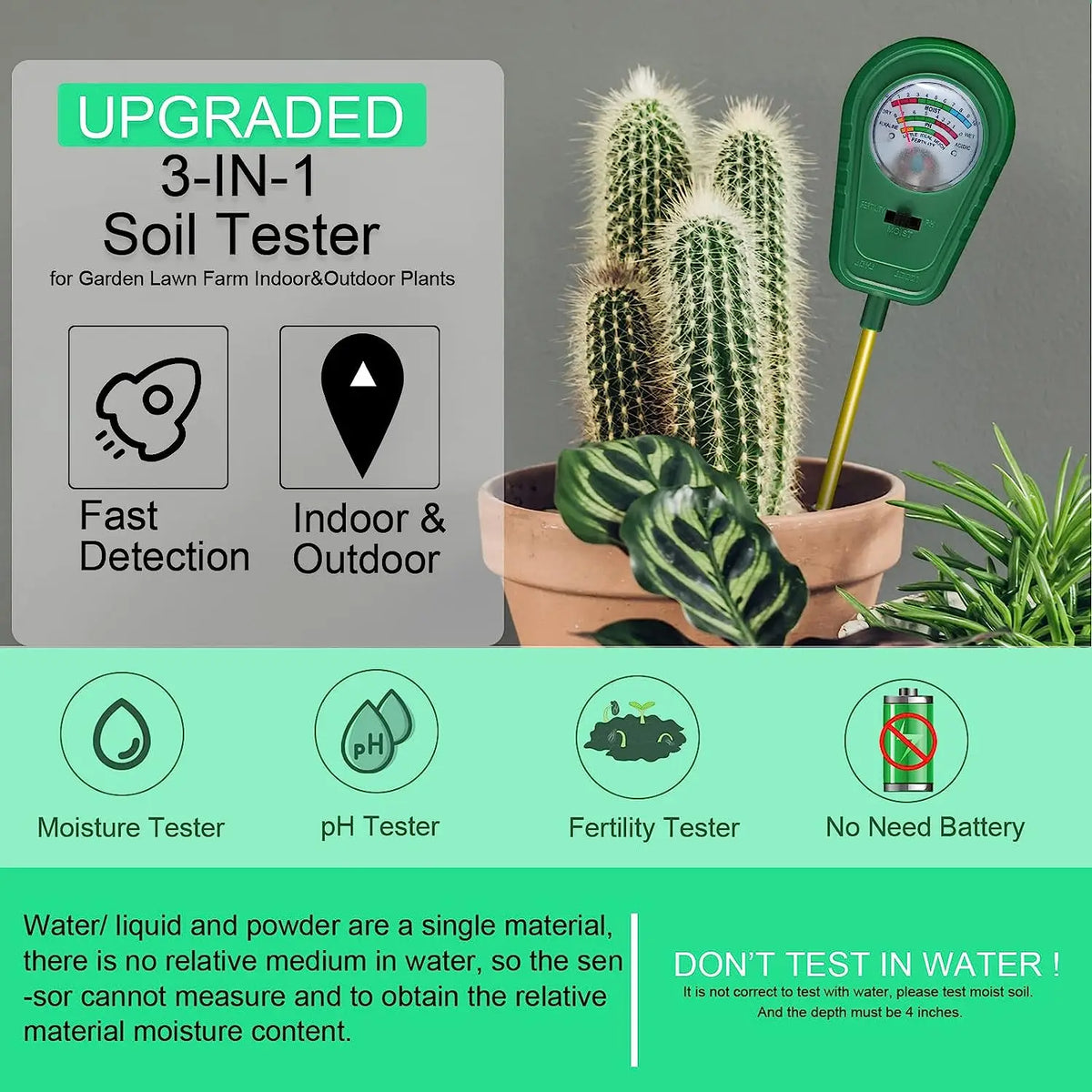 3-in-1 Soil Testing Kit: Moisture Meter, pH Tester, and Fertility Analyzer for Gardens and Indoor Plants