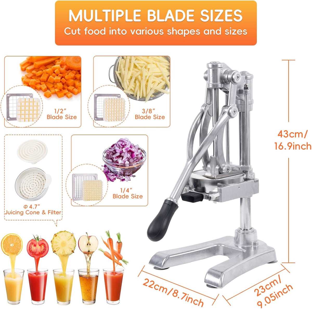 2-In-1 Commercial Manual Juicer & French Fry Cutter, Heavy Duty Cast Aluminum Citrus Press and Vegetable Chopper with 1/4", 3/8" & 1/2" Stainless Steel Blades for Potato, Orange & Lemon