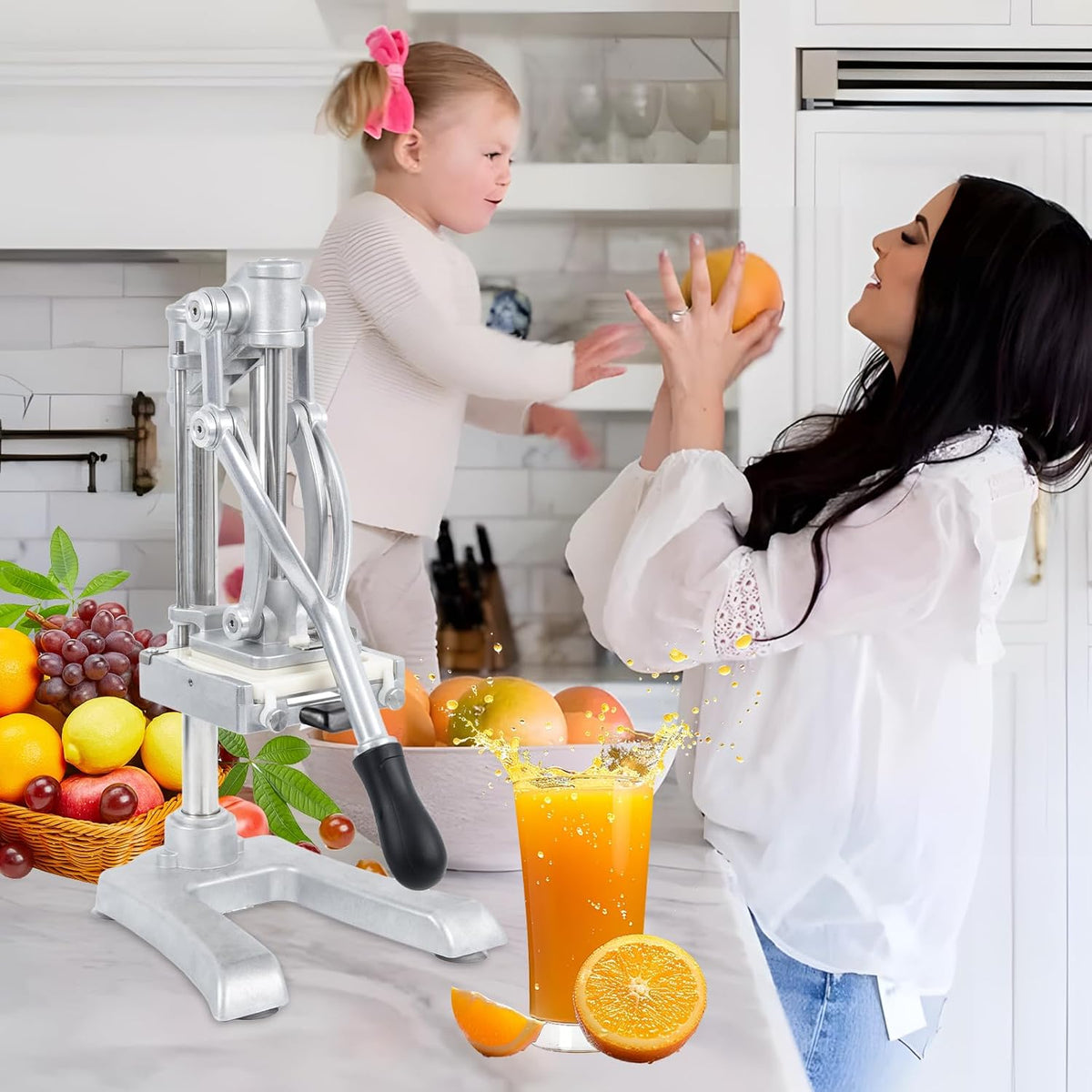2-In-1 Commercial Manual Juicer & French Fry Cutter, Heavy Duty Cast Aluminum Citrus Press and Vegetable Chopper with 1/4", 3/8" & 1/2" Stainless Steel Blades for Potato, Orange & Lemon