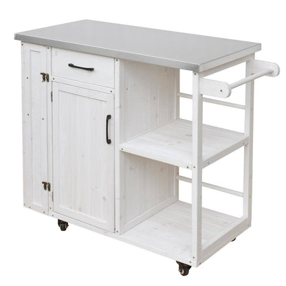 40.5-Inch Outdoor Kitchen Island Prep Station with Lockable Grill Cart, Stainless Steel Surface, and Storage Racks in White Finish