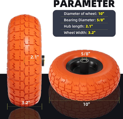 Upgraded 4.10/3.50-4 Flat Free Tires and Wheels - 10 Inch, Set of 4 with 5/8” Axle Bore and Double Sealed Bearings for Dollies, Hand Trucks, and Dump Carts