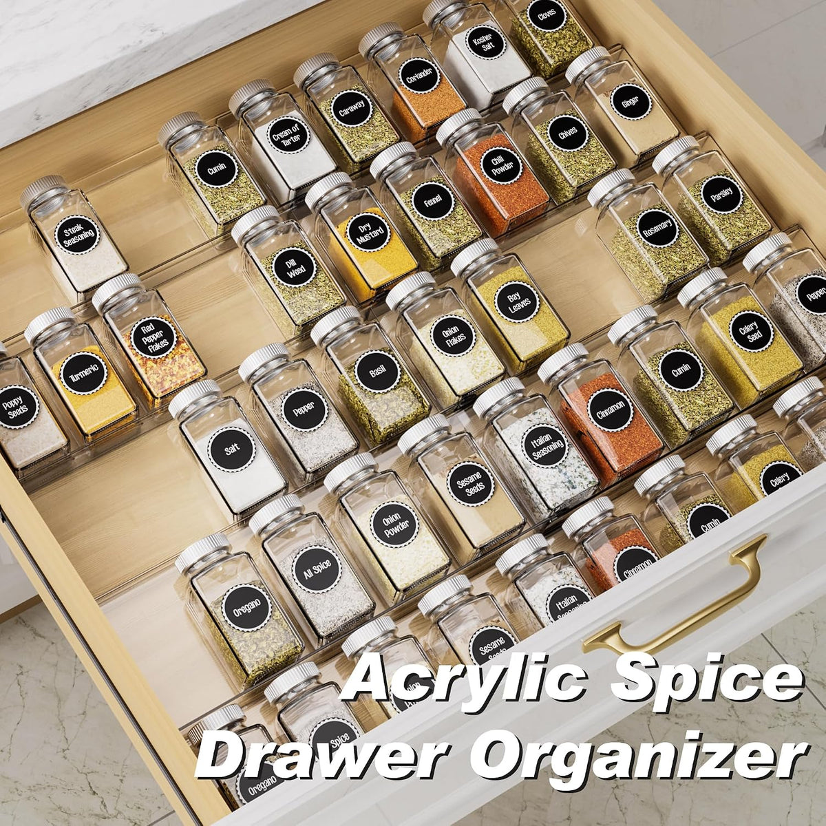 Expandable Acrylic Spice Drawer Organizer - 5-Tier Seasoning Storage Solution, Set of 10 for Kitchen Drawers (Jars Not Included)