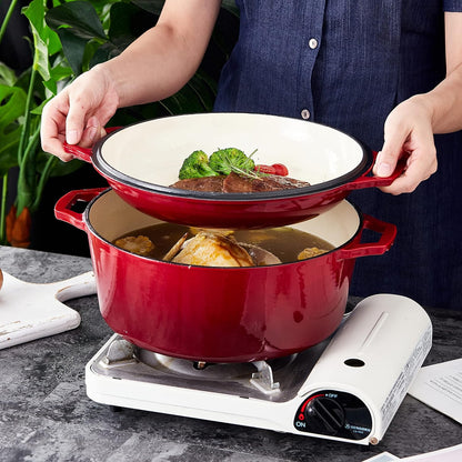 7-Quart Enameled Cast Iron Dutch Oven with Lid and Skillet Top - Multi-functional Cookware for Baking, Stews, and Roasting - Heat Resistant up to 500°F - Red Finish