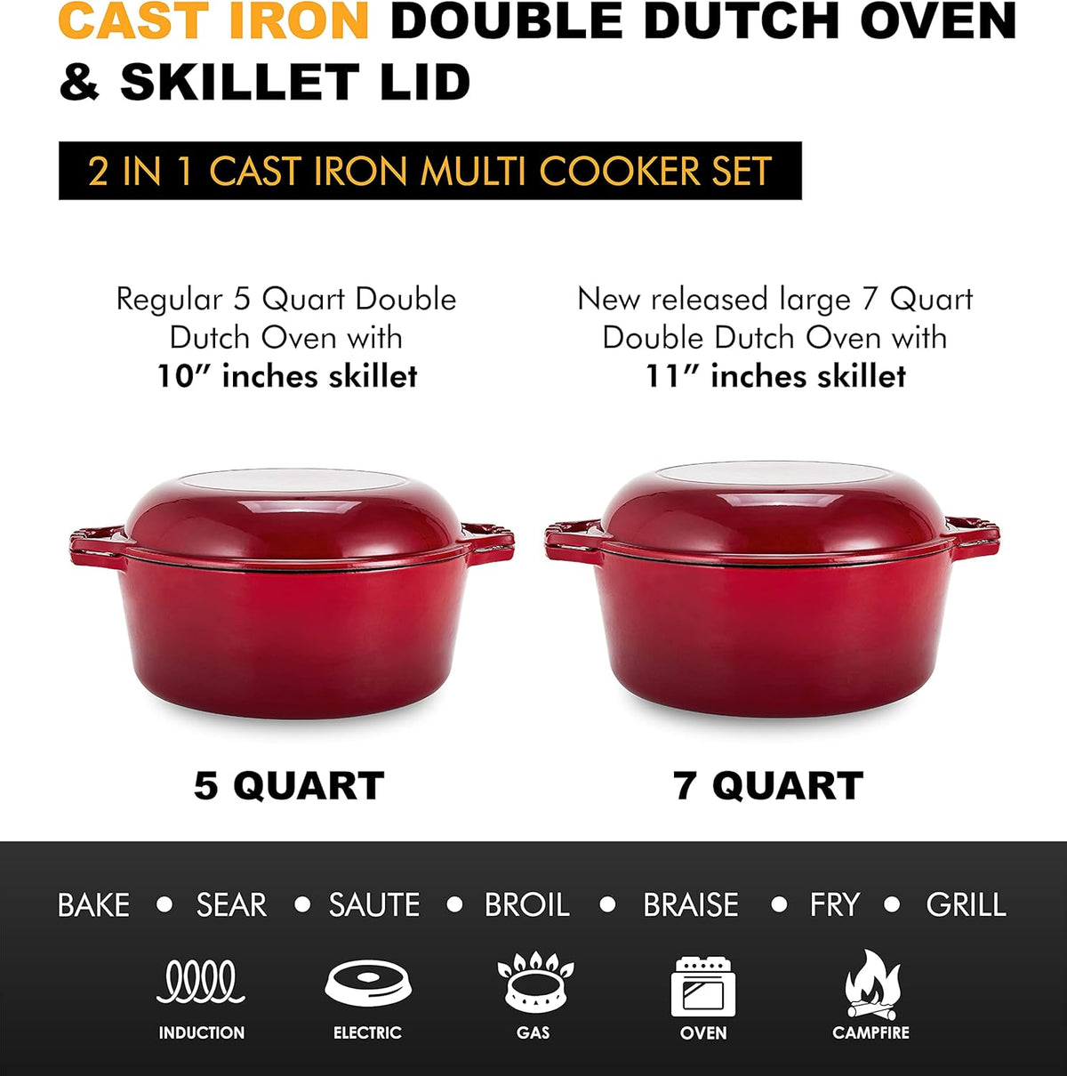 7-Quart Enameled Cast Iron Dutch Oven with Lid and Skillet Top - Multi-functional Cookware for Baking, Stews, and Roasting - Heat Resistant up to 500°F - Red Finish