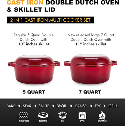 7-Quart Enameled Cast Iron Dutch Oven with Lid and Skillet Top - Multi-functional Cookware for Baking, Stews, and Roasting - Heat Resistant up to 500°F - Red Finish