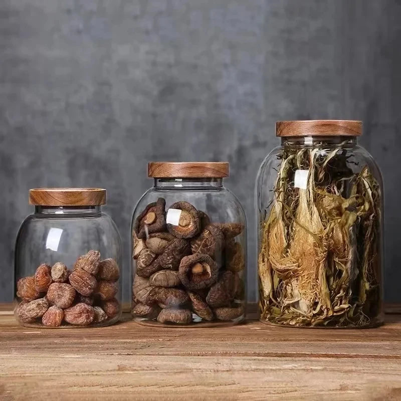 Coffee Bean Glass Storage Jar with Wooden Lid - Large Capacity Sealed Organizer for Kitchen Containers