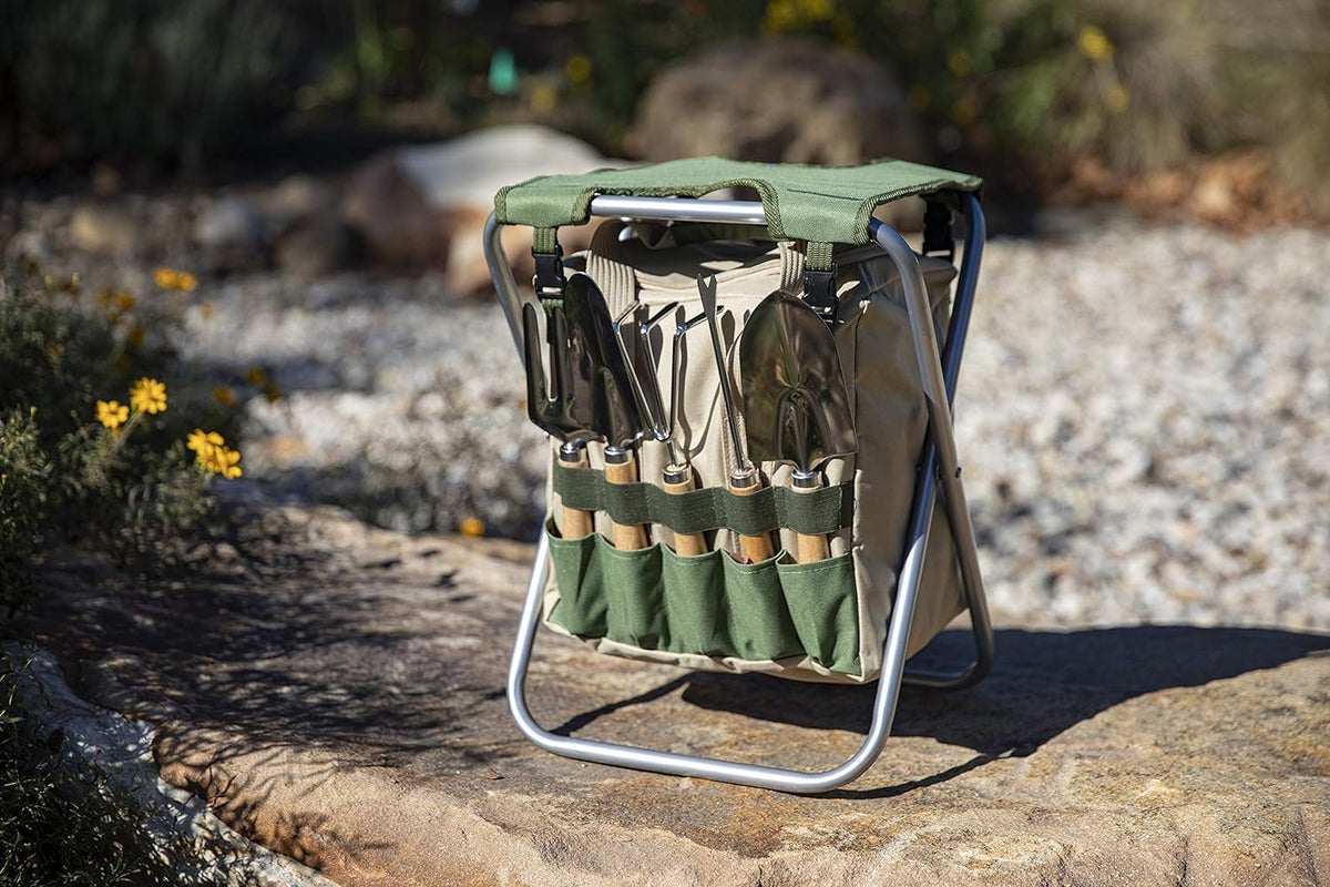 Darth Vader Folding Garden Stool with Detachable Tool Tote and Organizer - Portable Gardening Chair in Olive Green with Beige Accents