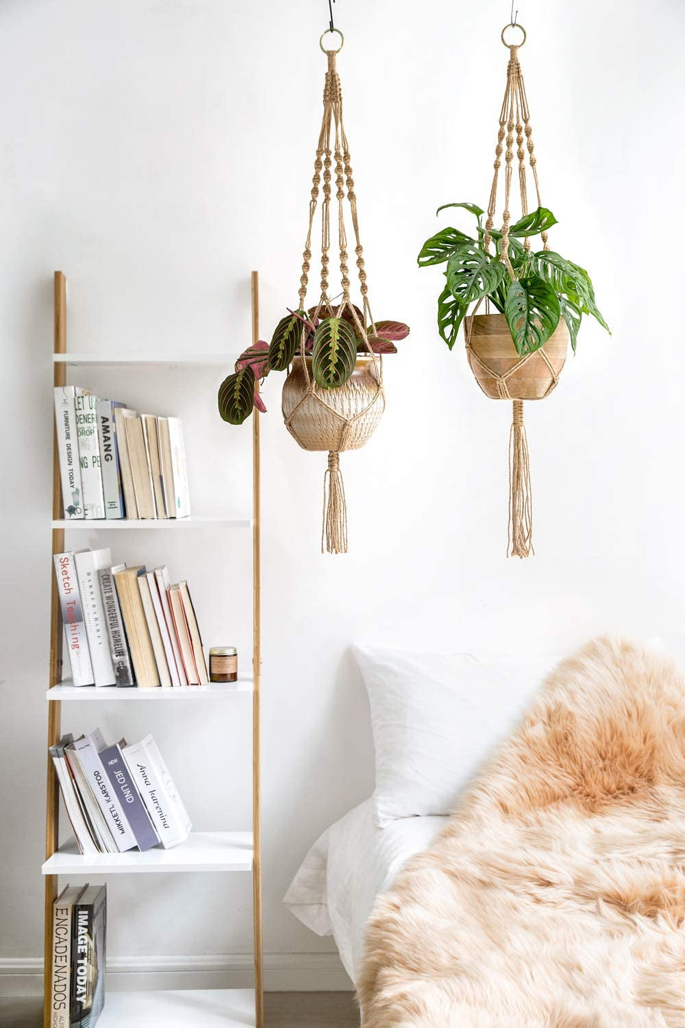Set of 2 Decorative Jute Rope Macrame Plant Hangers - 40-Inch Indoor/Outdoor Planter Holders with Four Legs, Brown