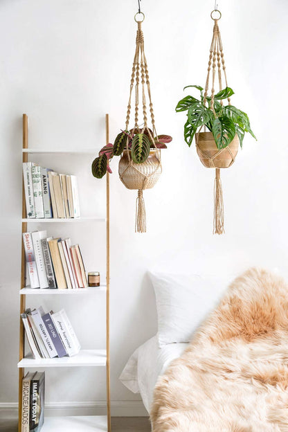 Set of 2 Decorative Jute Rope Macrame Plant Hangers - 40-Inch Indoor/Outdoor Planter Holders with Four Legs, Brown