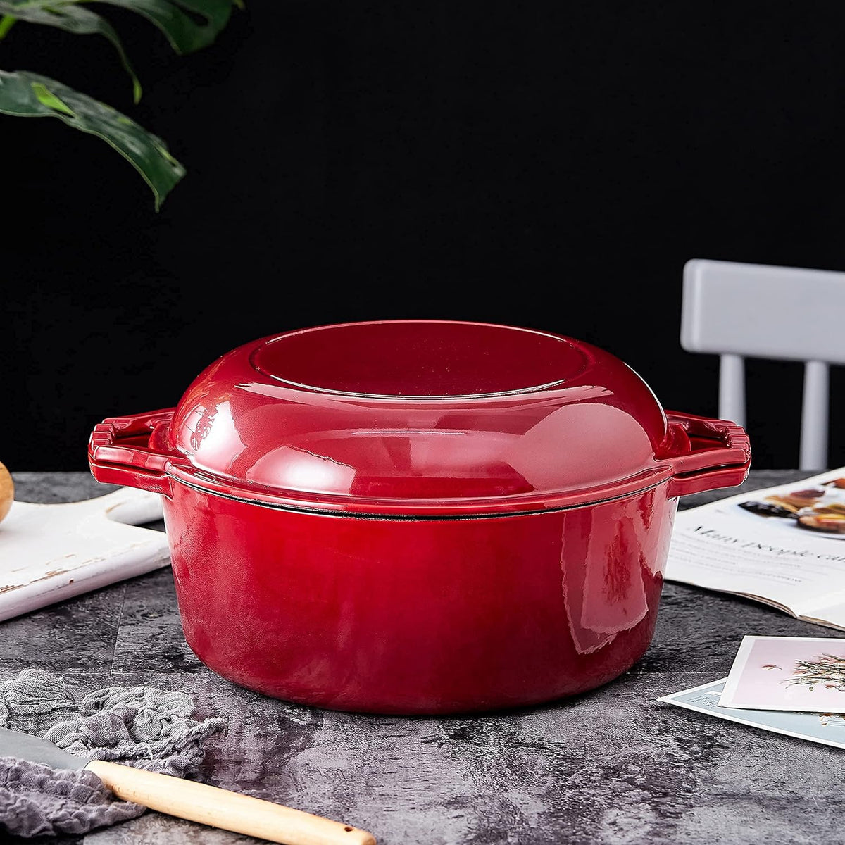7-Quart Enameled Cast Iron Dutch Oven with Lid and Skillet Top - Multi-functional Cookware for Baking, Stews, and Roasting - Heat Resistant up to 500°F - Red Finish