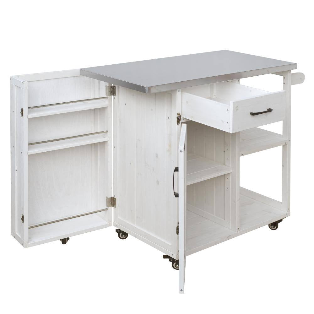 40.5-Inch Outdoor Kitchen Island Prep Station with Lockable Grill Cart, Stainless Steel Surface, and Storage Racks in White Finish