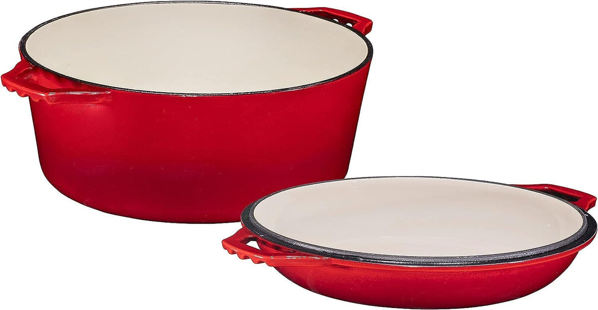 7-Quart Enameled Cast Iron Dutch Oven with Lid and Skillet Top - Multi-functional Cookware for Baking, Stews, and Roasting - Heat Resistant up to 500°F - Red Finish