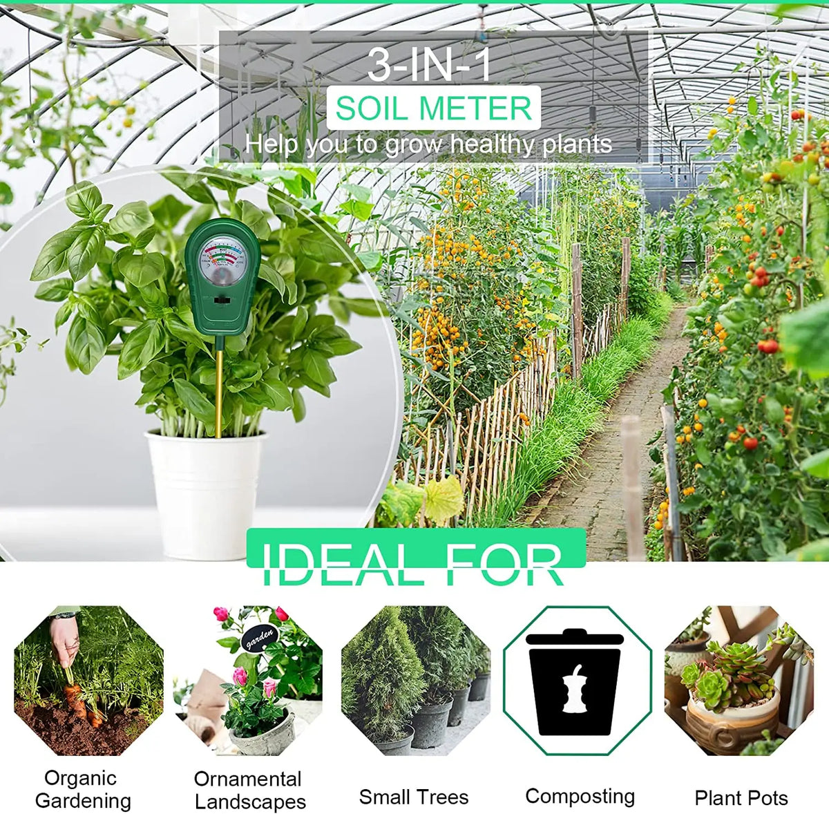 3-in-1 Soil Testing Kit: Moisture Meter, pH Tester, and Fertility Analyzer for Gardens and Indoor Plants