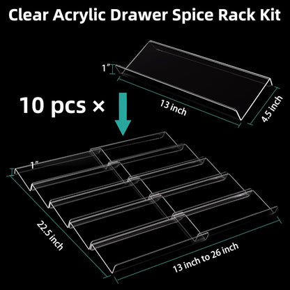 Expandable Acrylic Spice Drawer Organizer - 5-Tier Seasoning Storage Solution, Set of 10 for Kitchen Drawers (Jars Not Included)