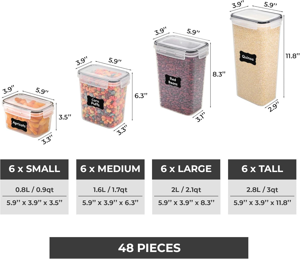 48-Piece Airtight Food Storage Container Set with Lids, Labels, Marker, and Measuring Spoons for Cereal and Dry Food Organization