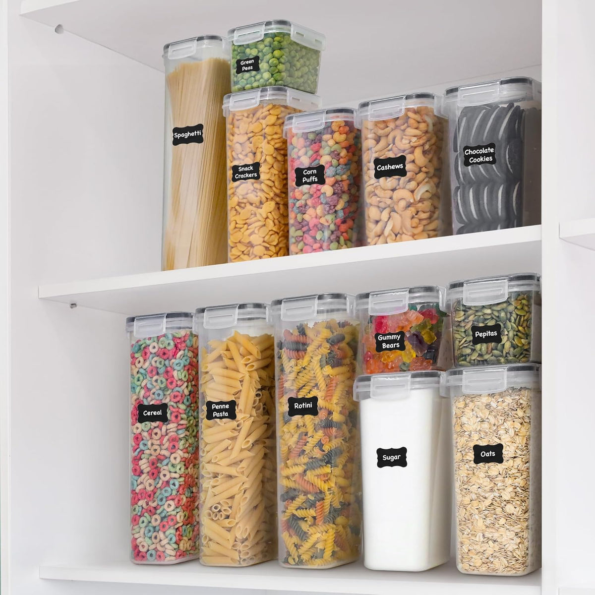 48-Piece Airtight Food Storage Container Set with Lids, Labels, Marker, and Measuring Spoons for Cereal and Dry Food Organization