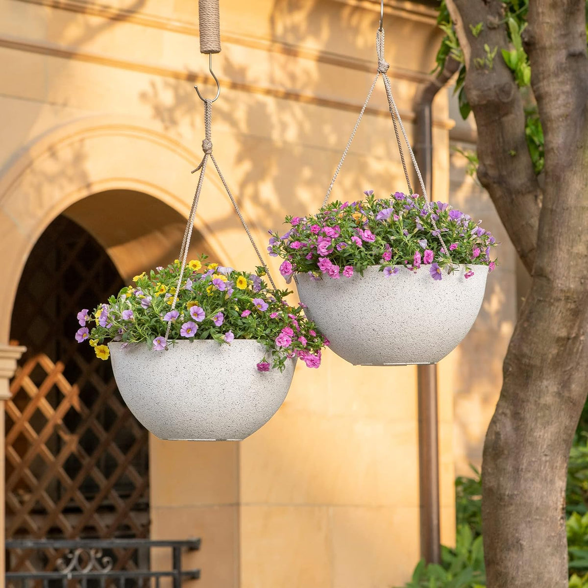 Set of 2 Large 13-Inch White Outdoor Hanging Planters with Drainage Holes for Windows, Porches, Balconies, Gardens, and Patios