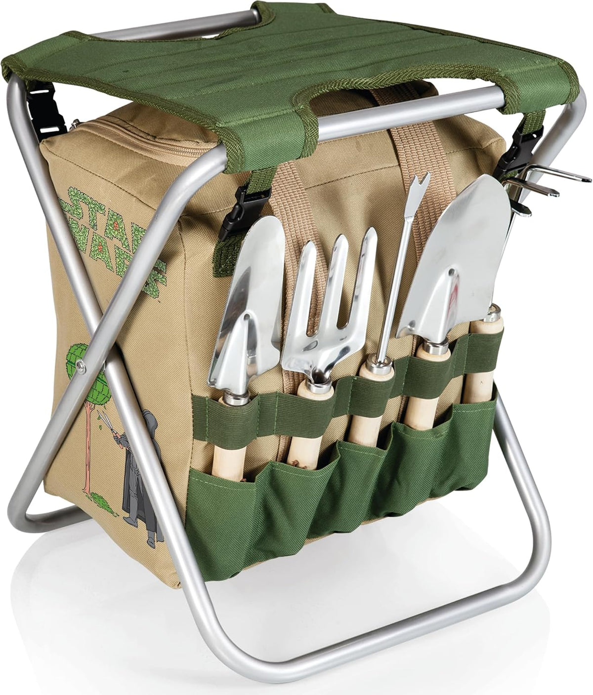 Darth Vader Folding Garden Stool with Detachable Tool Tote and Organizer - Portable Gardening Chair in Olive Green with Beige Accents