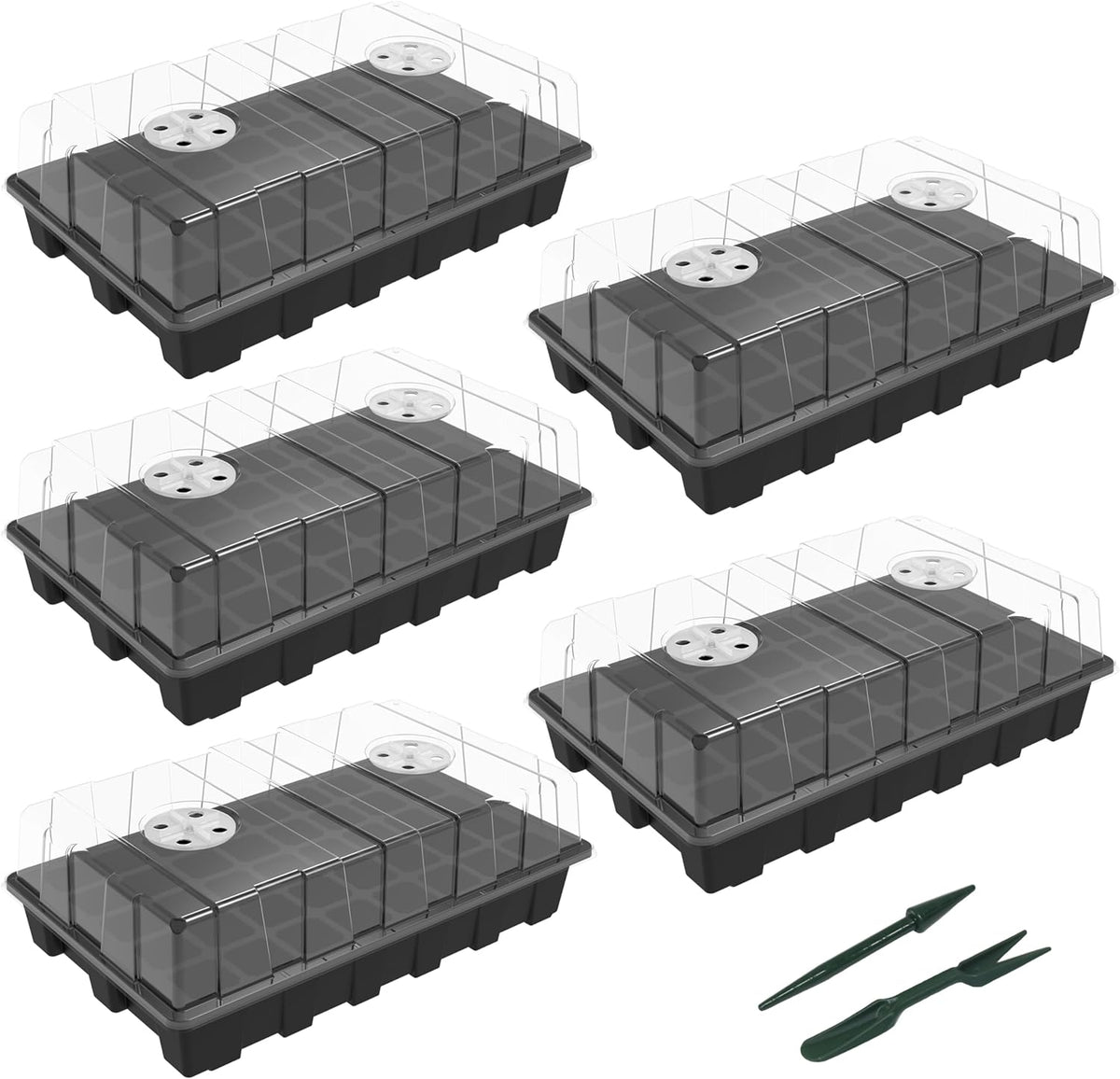 5-Piece Seed Starter Tray Kit with Humidity-Controlled Vented Domes and Bases for Indoor Gardening, Greenhouse Applications, and Seed Germination (200 Cells Total)