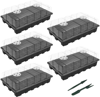 5-Piece Seed Starter Tray Kit with Humidity-Controlled Vented Domes and Bases for Indoor Gardening, Greenhouse Applications, and Seed Germination (200 Cells Total)