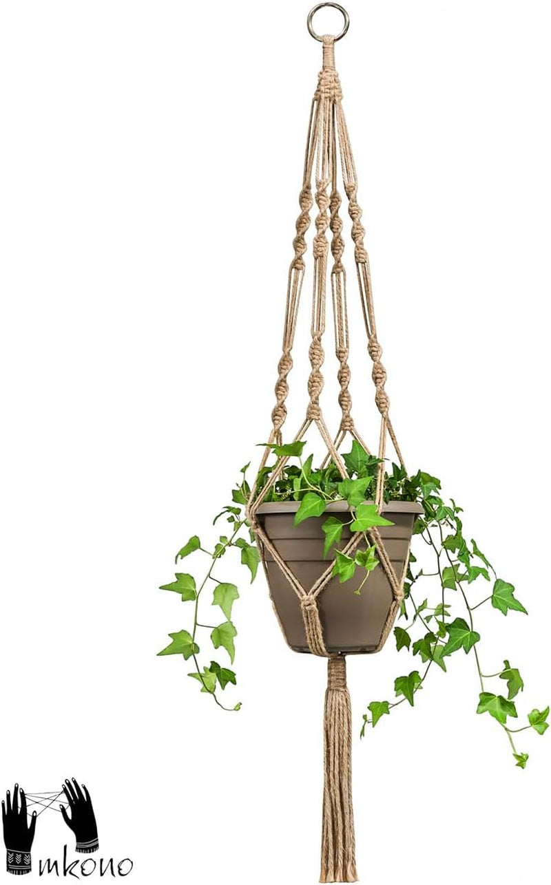 Set of 2 Decorative Jute Rope Macrame Plant Hangers - 40-Inch Indoor/Outdoor Planter Holders with Four Legs, Brown