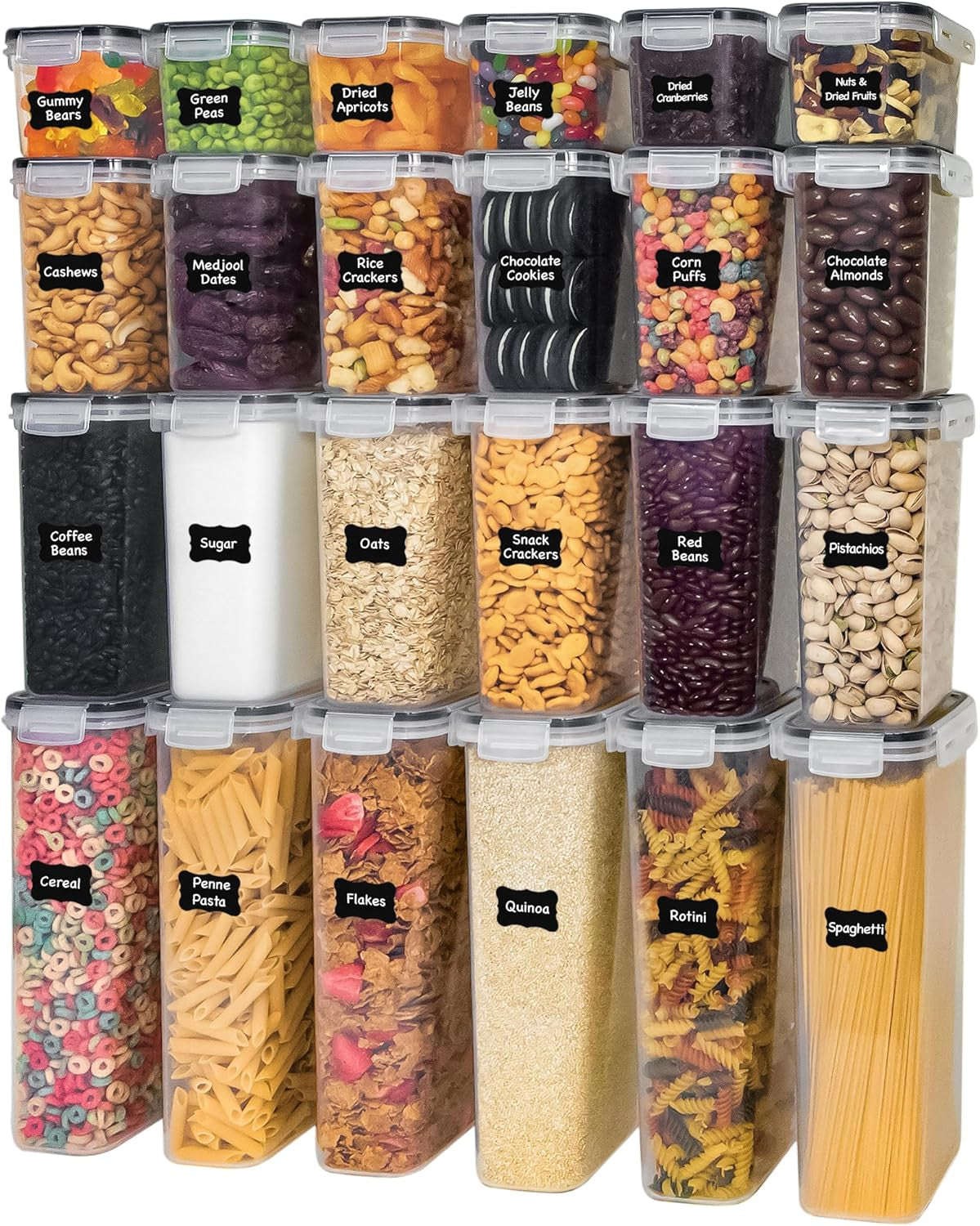 48-Piece Airtight Food Storage Container Set with Lids, Labels, Marker, and Measuring Spoons for Cereal and Dry Food Organization