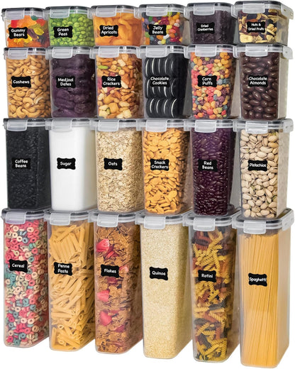 48-Piece Airtight Food Storage Container Set with Lids, Labels, Marker, and Measuring Spoons for Cereal and Dry Food Organization