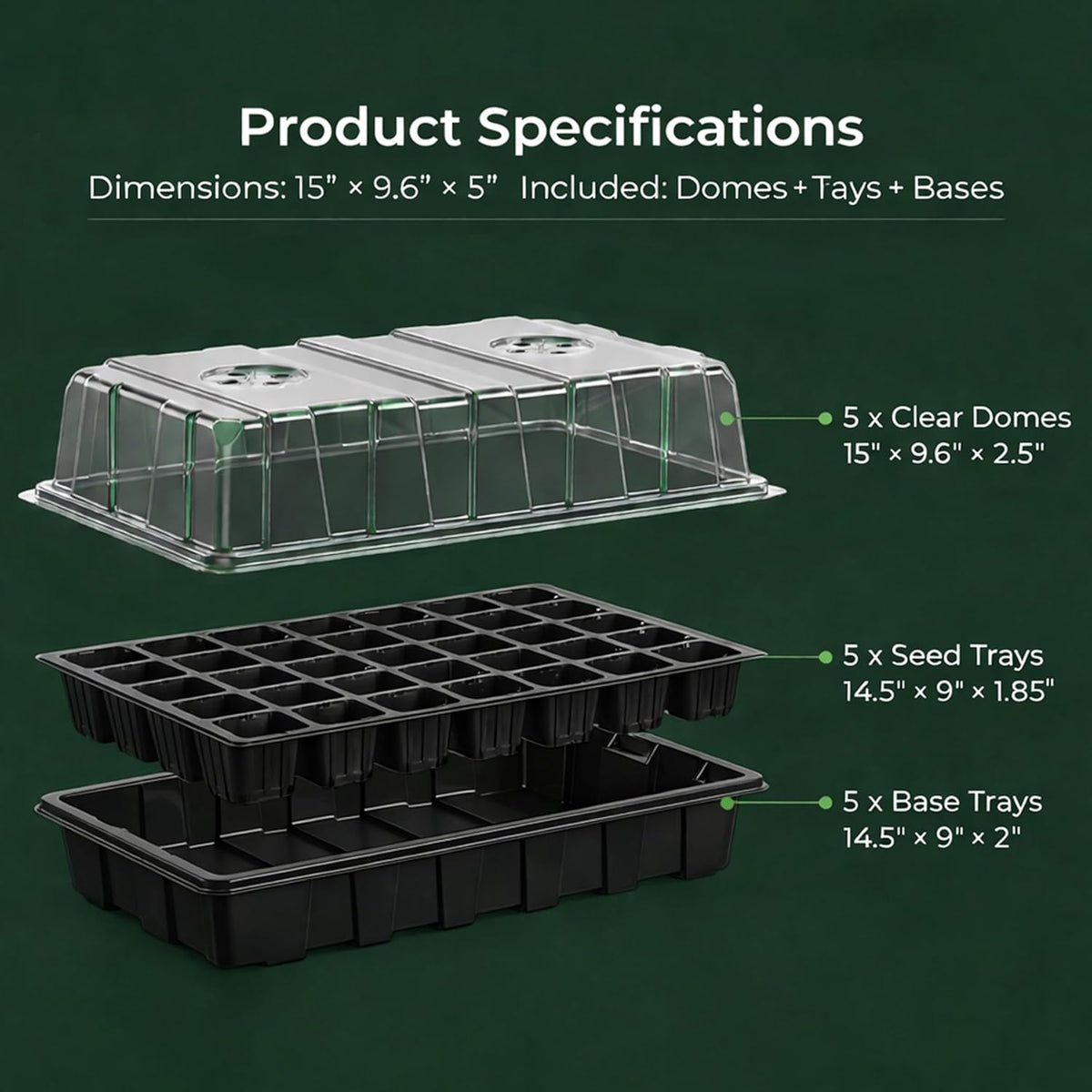 5-Piece Seed Starter Tray Kit with Humidity-Controlled Vented Domes and Bases for Indoor Gardening, Greenhouse Applications, and Seed Germination (200 Cells Total)