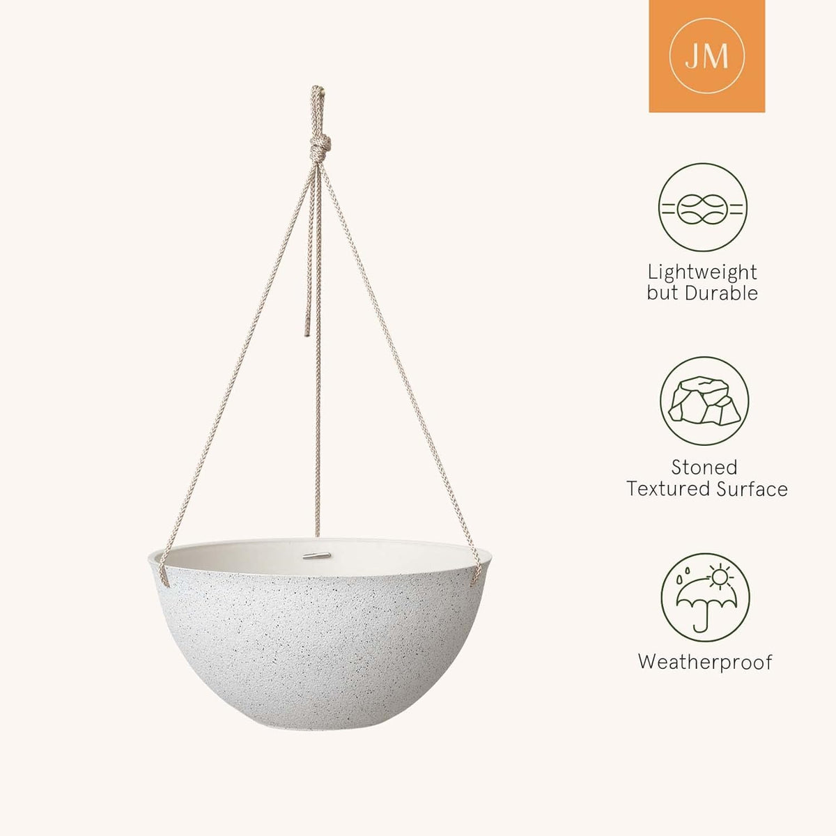 Set of 2 Large 13-Inch White Outdoor Hanging Planters with Drainage Holes for Windows, Porches, Balconies, Gardens, and Patios