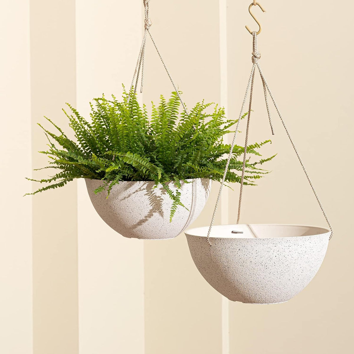 Set of 2 Large 13-Inch White Outdoor Hanging Planters with Drainage Holes for Windows, Porches, Balconies, Gardens, and Patios