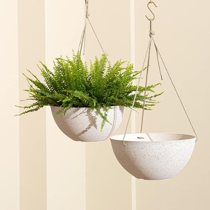 Set of 2 Large 13-Inch White Outdoor Hanging Planters with Drainage Holes for Windows, Porches, Balconies, Gardens, and Patios