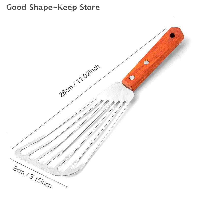 Stainless Steel Fish Frying Spatula with Wooden Handle - High-Temperature Fan-Shaped Cooking Tool