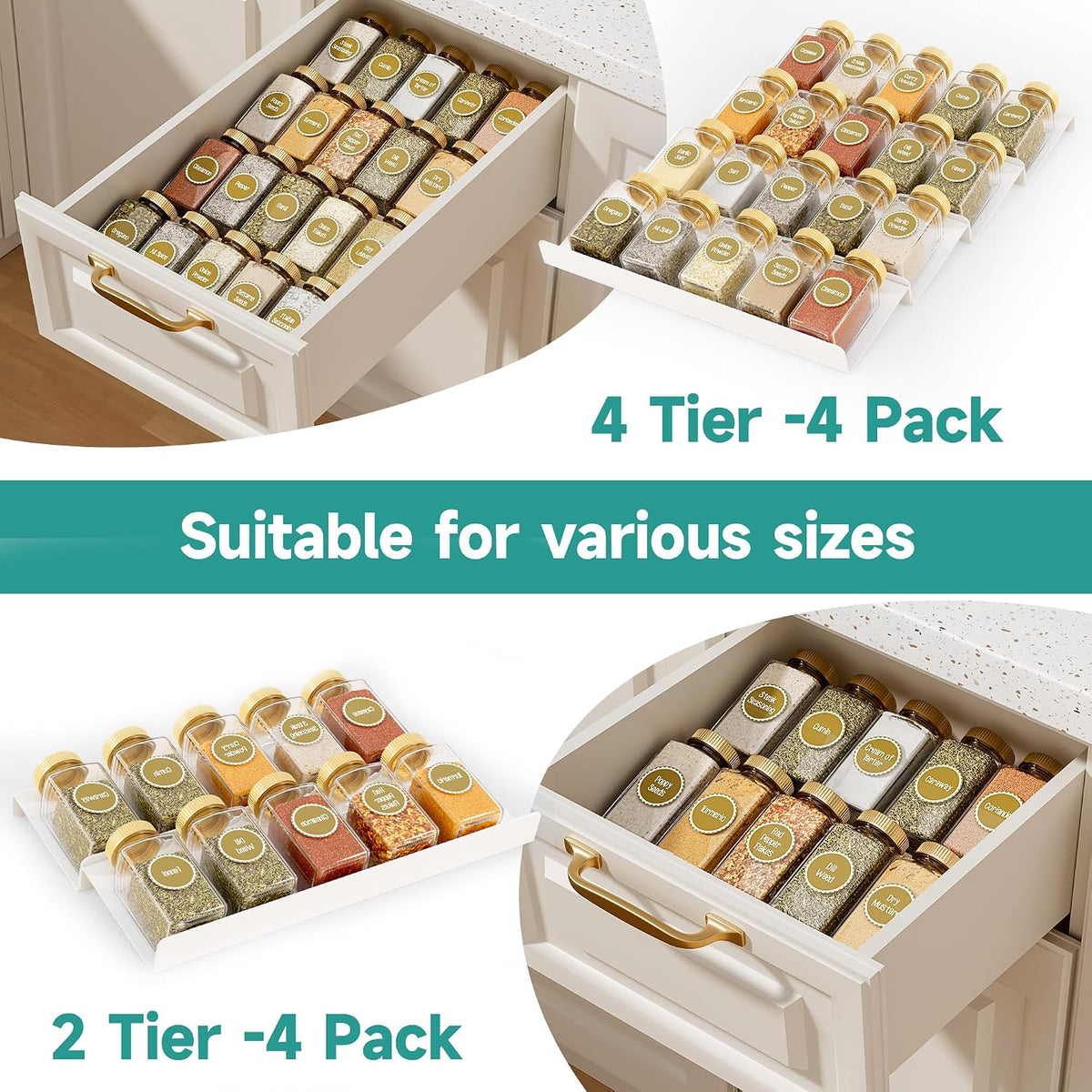 White Acrylic 4-Tier Spice Drawer Organizer for Kitchen Use, Suitable for Drawer or Countertop (Jars Not Included)