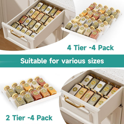 White Acrylic 4-Tier Spice Drawer Organizer for Kitchen Use, Suitable for Drawer or Countertop (Jars Not Included)