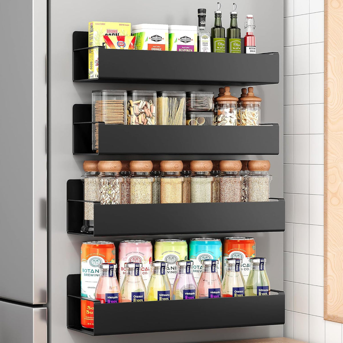 Adjustable Magnetic Spice Rack Set for Refrigerators - Black Metal (4 Pieces)