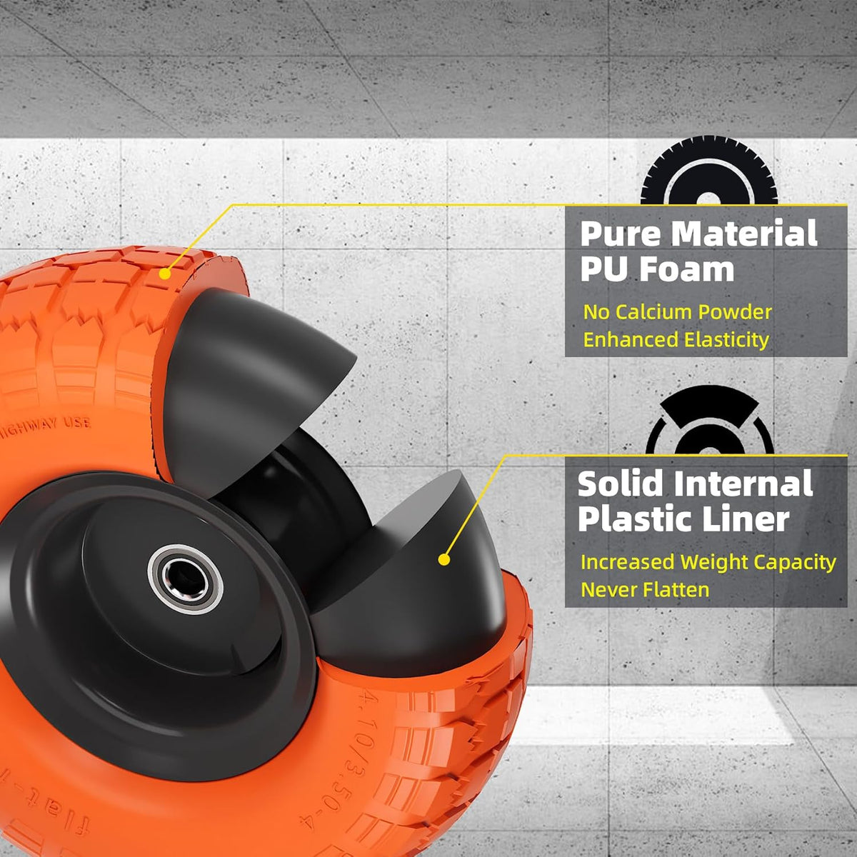 Upgraded 4.10/3.50-4 Flat Free Tires and Wheels - 10 Inch, Set of 4 with 5/8” Axle Bore and Double Sealed Bearings for Dollies, Hand Trucks, and Dump Carts