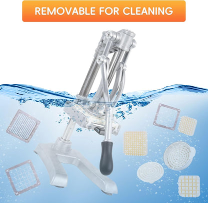 2-In-1 Commercial Manual Juicer & French Fry Cutter, Heavy Duty Cast Aluminum Citrus Press and Vegetable Chopper with 1/4", 3/8" & 1/2" Stainless Steel Blades for Potato, Orange & Lemon