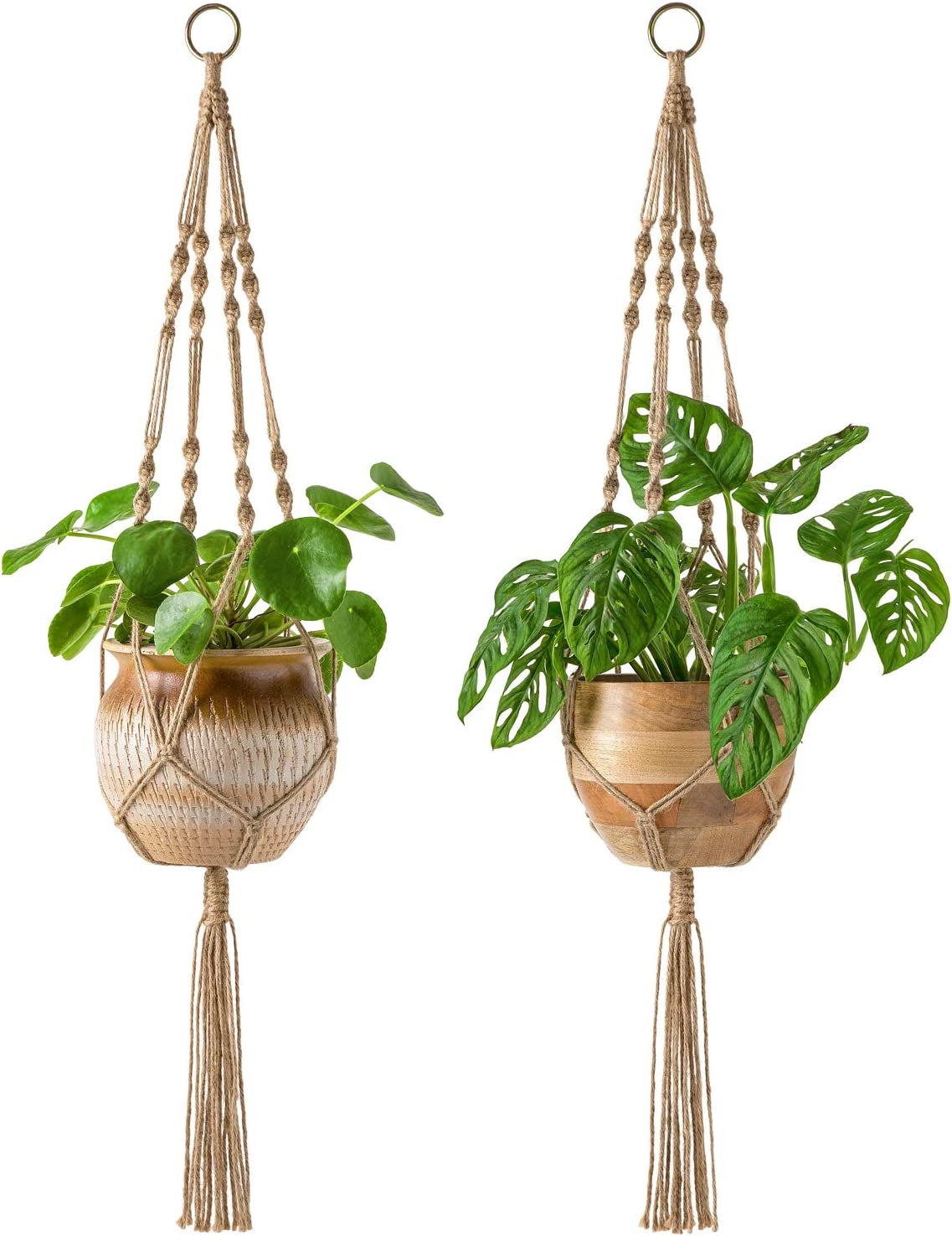 Set of 2 Decorative Jute Rope Macrame Plant Hangers - 40-Inch Indoor/Outdoor Planter Holders with Four Legs, Brown