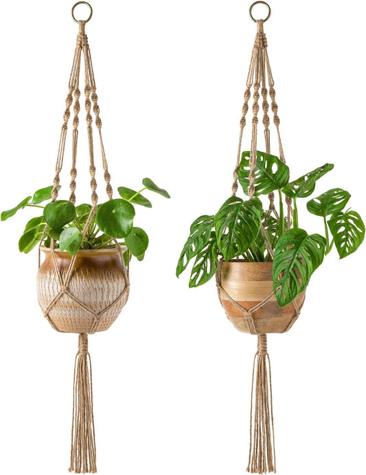 Set of 2 Decorative Jute Rope Macrame Plant Hangers - 40-Inch Indoor/Outdoor Planter Holders with Four Legs, Brown
