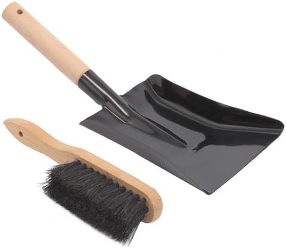 Natural Wood and Coco Bristle Hearth Tool Set for Firepit Maintenance - Fireplace Shovel and Brush Combination