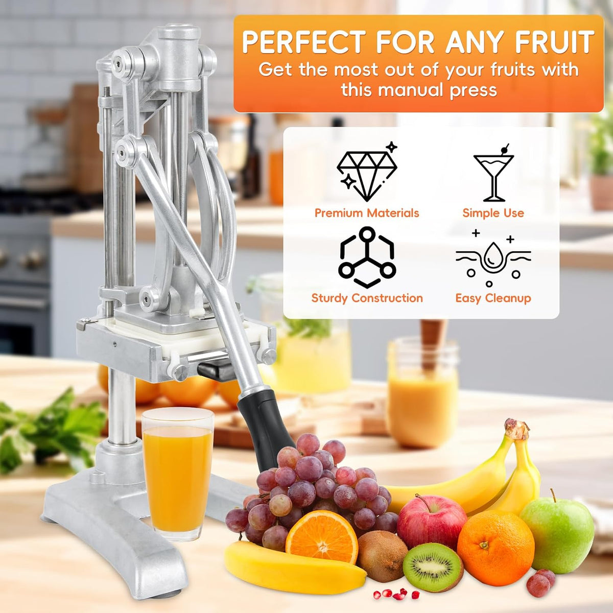 2-In-1 Commercial Manual Juicer & French Fry Cutter, Heavy Duty Cast Aluminum Citrus Press and Vegetable Chopper with 1/4", 3/8" & 1/2" Stainless Steel Blades for Potato, Orange & Lemon
