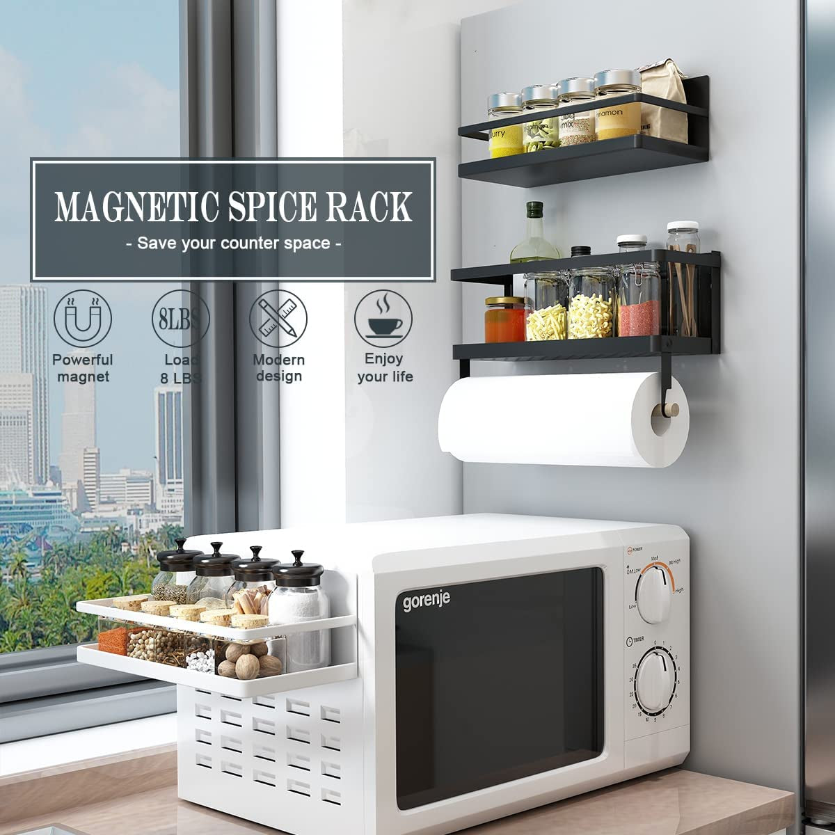 Magnetic Paper Towel Holder and 2-in-1 Spice Rack with Hooks, Wall-Mounted Shelf for Refrigerator (Black)
