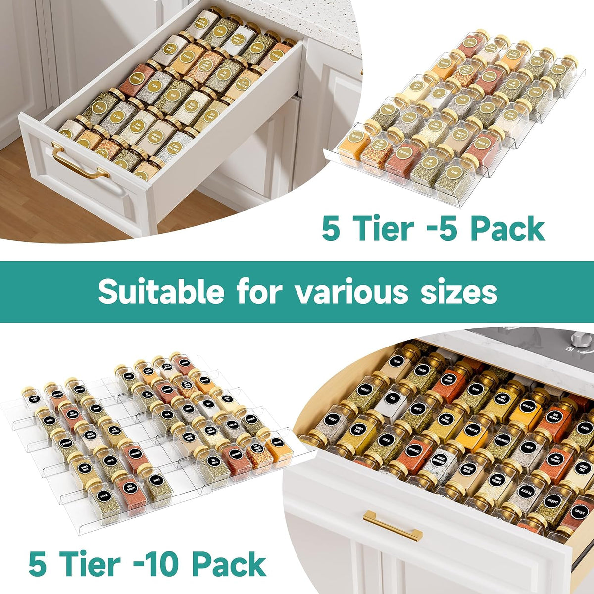Expandable Acrylic Spice Drawer Organizer - 5-Tier Seasoning Storage Solution, Set of 10 for Kitchen Drawers (Jars Not Included)