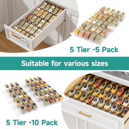 Expandable Acrylic Spice Drawer Organizer - 5-Tier Seasoning Storage Solution, Set of 10 for Kitchen Drawers (Jars Not Included)